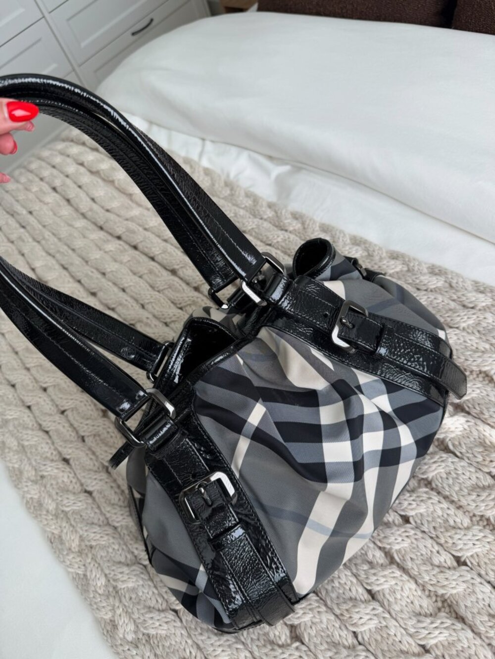 Vintage Burberry Black Beat Check Lowry Satchel & Matching Wallet Set
